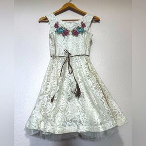 Floral Embellished Cream Lace Dress for Kids